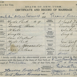 Improve alt-text: "Certificate and Record of Marriage of Franklin Delano Roosevelt and Eleanor Roosevelt." m_m_1905_6145. NYC Department of Records & Information Services